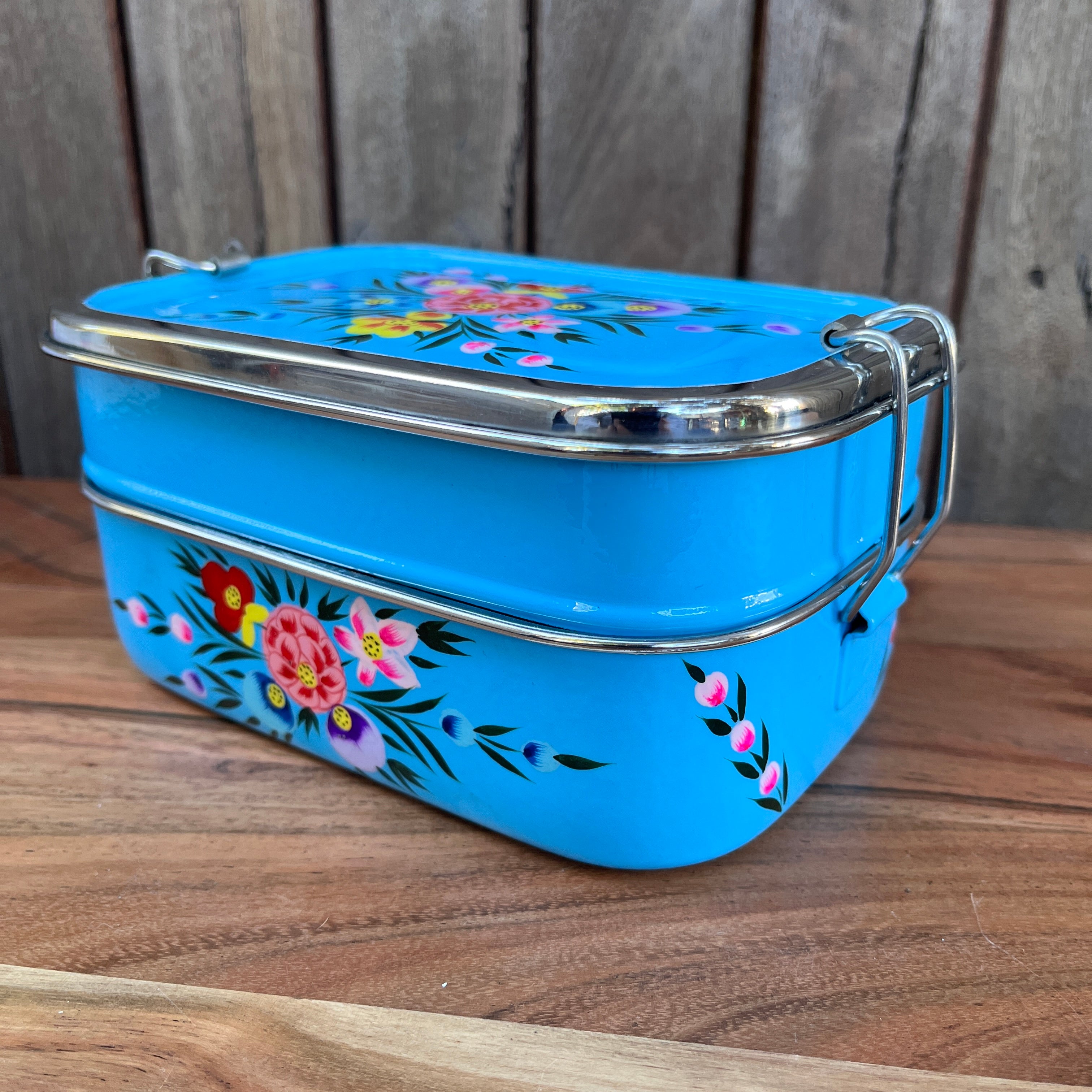 Happy Tiffin Lunch Box for Kids & Adults - 3 Tier Stainless Steel Blue  Enamel